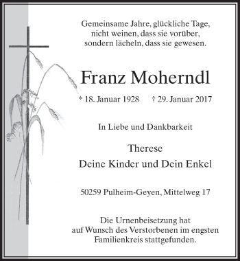 Anzeige von Franz Moherndl von  Sonntags-Post 