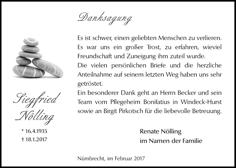 Traueranzeige für Siegfried Nölling vom 15.02.2017 aus  Lokalanzeiger 