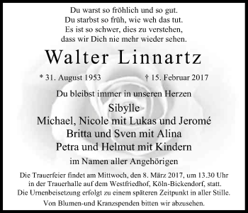 Anzeige von Walter Linnartz von Kölner Stadt-Anzeiger / Kölnische Rundschau / Express