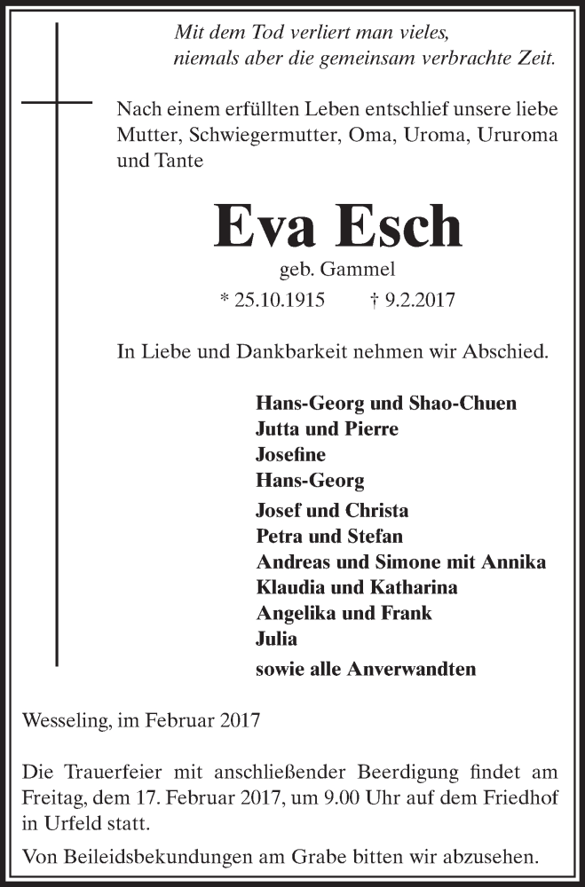  Traueranzeige für Eva Esch vom 15.02.2017 aus  Schlossbote/Werbekurier 