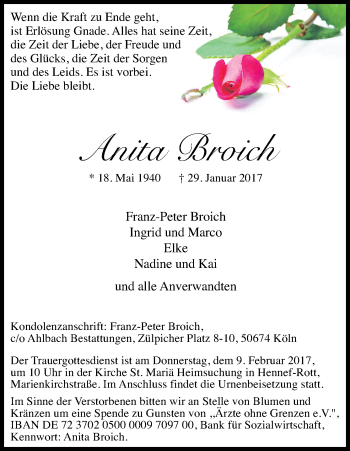 Anzeige von Anita Broich von Kölner Stadt-Anzeiger / Kölnische Rundschau / Express