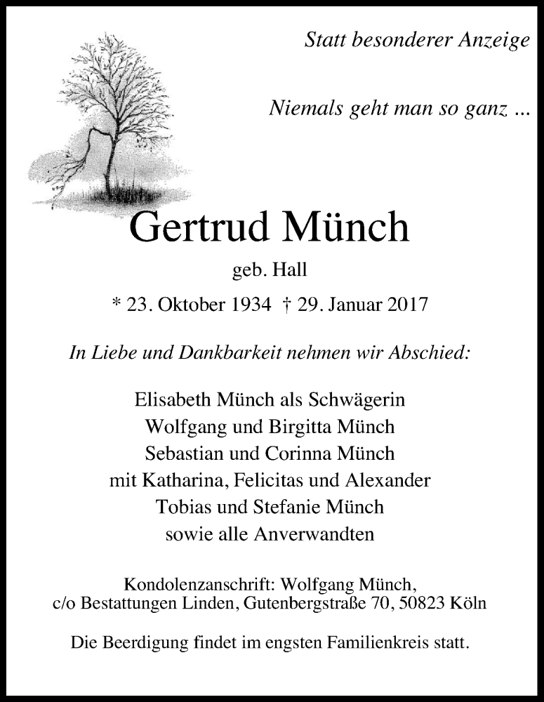  Traueranzeige für Gertrud Münch vom 04.02.2017 aus Kölner Stadt-Anzeiger / Kölnische Rundschau / Express
