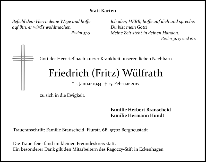  Traueranzeige für Friedrich Wülfrath vom 01.03.2017 aus  Anzeigen Echo 