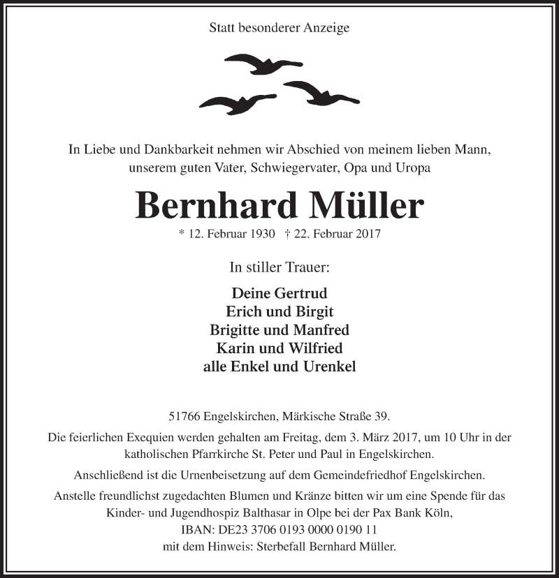  Traueranzeige für Bernhard Müller vom 01.03.2017 aus  Anzeigen Echo 