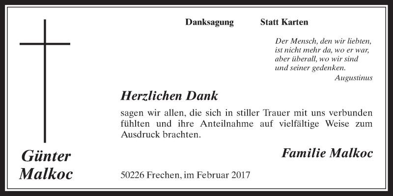  Traueranzeige für Günter Malkoc vom 15.02.2017 aus  Wochenende 