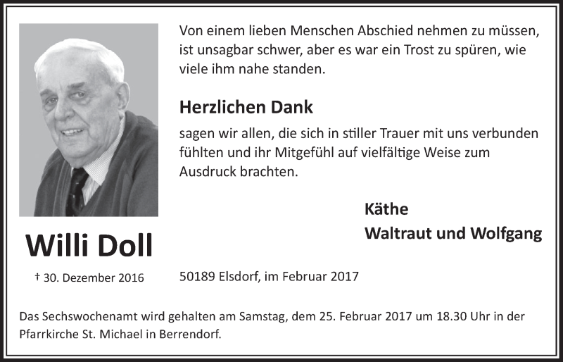  Traueranzeige für Willi Doll vom 18.02.2017 aus  Sonntags-Post 