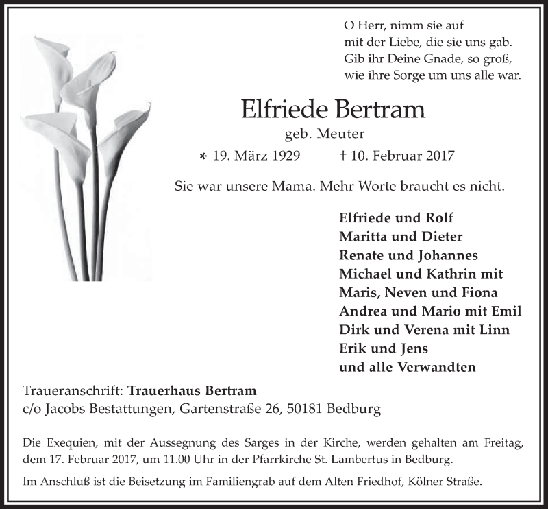  Traueranzeige für Elfriede Bertram vom 15.02.2017 aus  Werbepost 