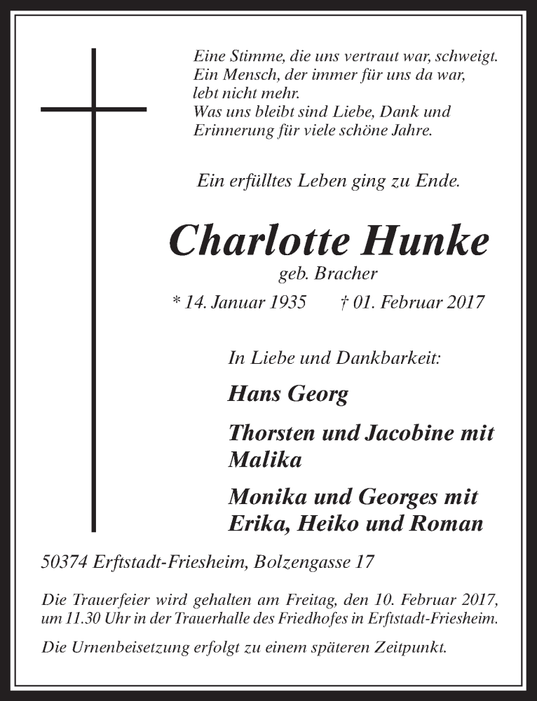  Traueranzeige für Charlotte Hunke vom 08.02.2017 aus  Werbepost 