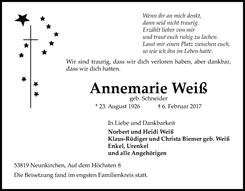  Traueranzeige für Annemarie Weiß vom 22.02.2017 aus Kölner Stadt-Anzeiger / Kölnische Rundschau / Express