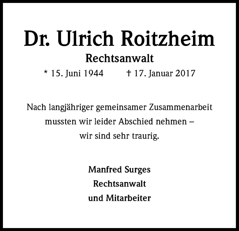  Traueranzeige für Ulrich Roitzheim vom 18.02.2017 aus Kölner Stadt-Anzeiger / Kölnische Rundschau / Express