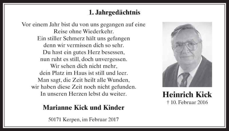  Traueranzeige für Heinrich Kick vom 08.02.2017 aus  Werbepost 