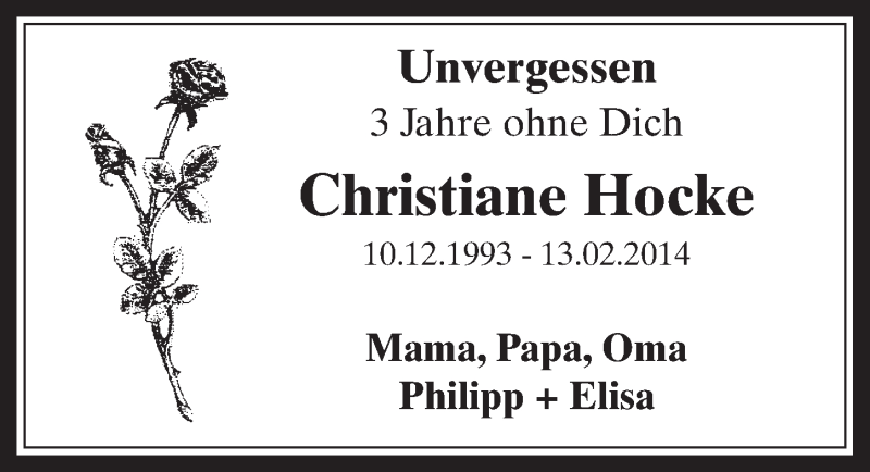  Traueranzeige für Christiane Hocke vom 11.02.2017 aus  Sonntags-Post 