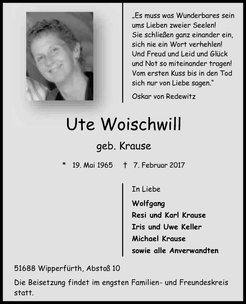  Traueranzeige für Ute Woischwill vom 11.02.2017 aus Kölner Stadt-Anzeiger / Kölnische Rundschau / Express