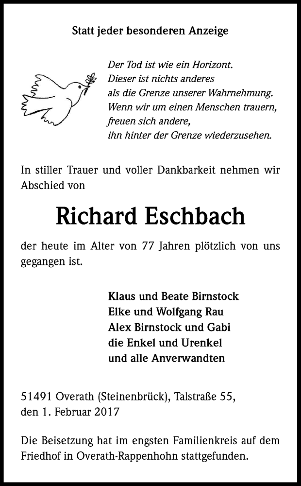  Traueranzeige für Richard Eschbach vom 18.02.2017 aus Kölner Stadt-Anzeiger / Kölnische Rundschau / Express