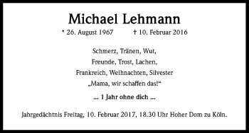 Anzeige von Michael Lehmann von Kölner Stadt-Anzeiger / Kölnische Rundschau / Express