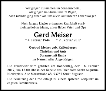 Anzeige von Gerd Meiser von Kölner Stadt-Anzeiger / Kölnische Rundschau / Express