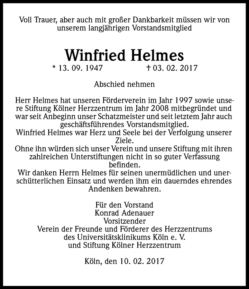  Traueranzeige für Winfried Helmes vom 11.02.2017 aus Kölner Stadt-Anzeiger / Kölnische Rundschau / Express