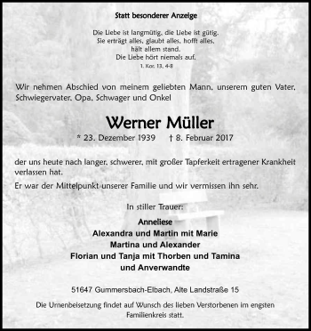 Anzeige von Werner Müller von Kölner Stadt-Anzeiger / Kölnische Rundschau / Express