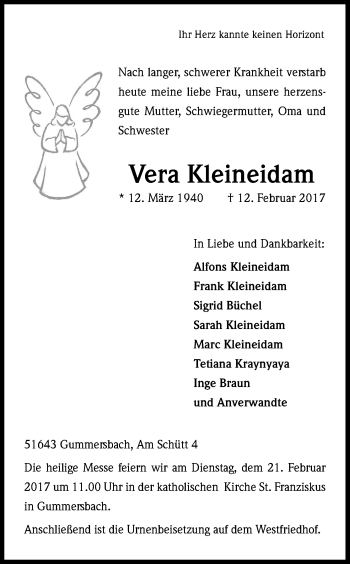 Anzeige von Vera Kleineidam von Kölner Stadt-Anzeiger / Kölnische Rundschau / Express