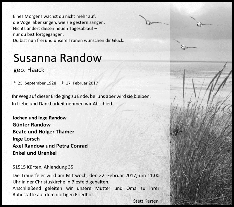  Traueranzeige für Susanna Randow vom 20.02.2017 aus Kölner Stadt-Anzeiger / Kölnische Rundschau / Express