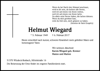 Anzeige von Helmut Wiegard von Kölner Stadt-Anzeiger / Kölnische Rundschau / Express
