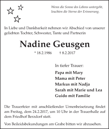 Anzeige von Nadine Geusgen von  Schlossbote/Werbekurier 