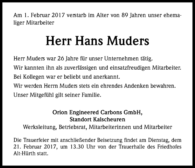  Traueranzeige für Hans Muders vom 17.02.2017 aus Kölner Stadt-Anzeiger / Kölnische Rundschau / Express