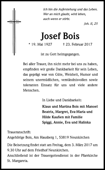 Anzeige von Josef Bois von Kölner Stadt-Anzeiger / Kölnische Rundschau / Express