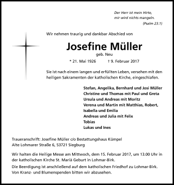 Anzeige von Josefine Müller von Kölner Stadt-Anzeiger / Kölnische Rundschau / Express