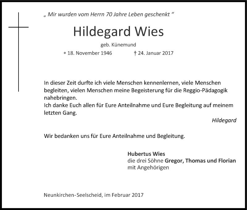 Traueranzeige für Hildegard Wies vom 16.02.2017 aus Kölner Stadt-Anzeiger / Kölnische Rundschau / Express