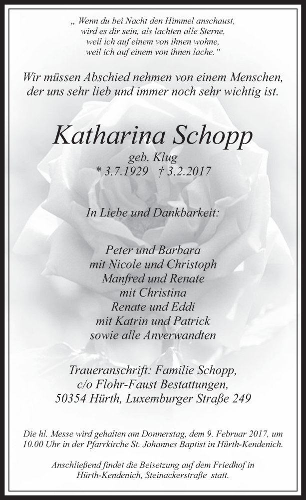  Traueranzeige für Katharina Schopp vom 08.02.2017 aus  Wochenende 