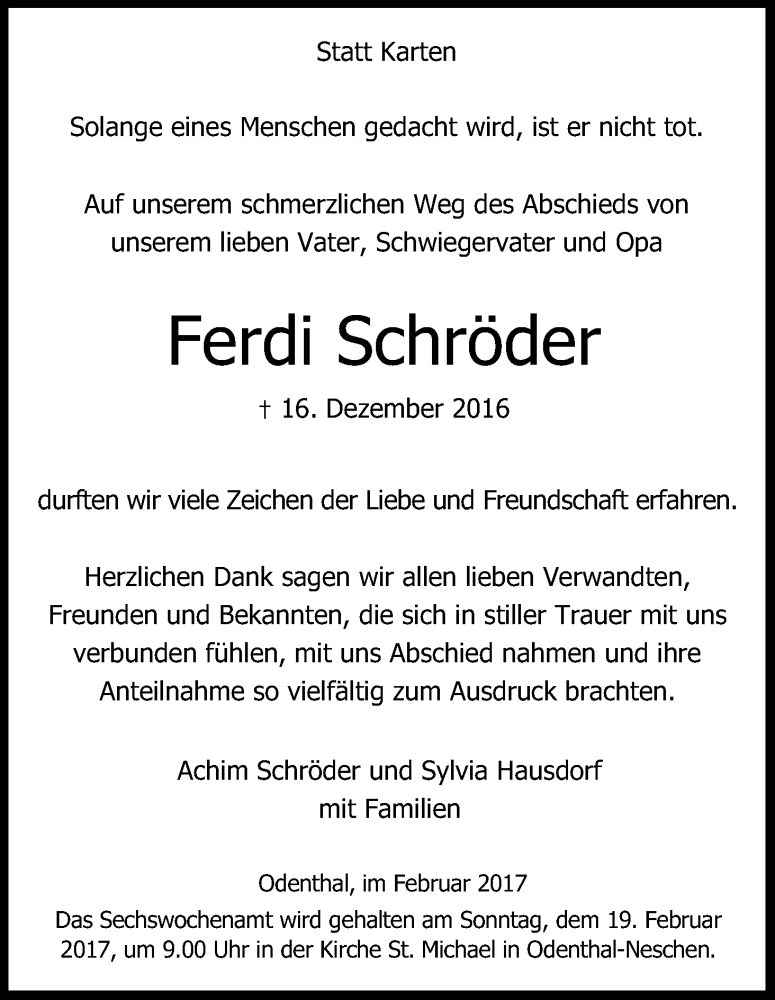  Traueranzeige für Ferdi Schröder vom 11.02.2017 aus Kölner Stadt-Anzeiger / Kölnische Rundschau / Express