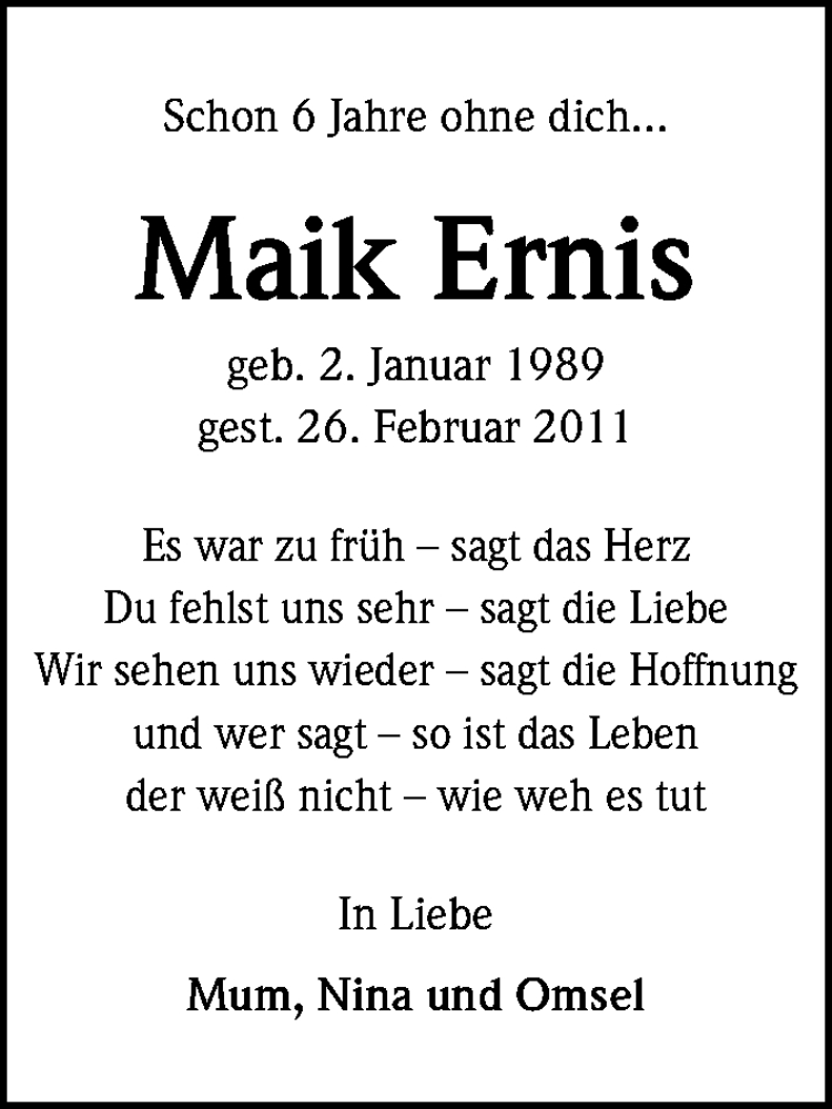  Traueranzeige für Maik Ernis vom 25.02.2017 aus Kölner Stadt-Anzeiger / Kölnische Rundschau / Express