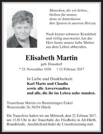 Anzeige von Elisabeth Martin von  Wochenende 