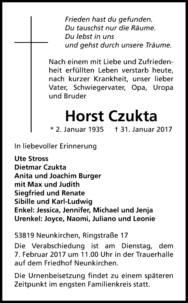  Traueranzeige für Horst Czukta vom 03.02.2017 aus Kölner Stadt-Anzeiger / Kölnische Rundschau / Express