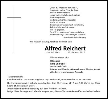 Anzeige von Alfred Reichert von Kölner Stadt-Anzeiger / Kölnische Rundschau / Express