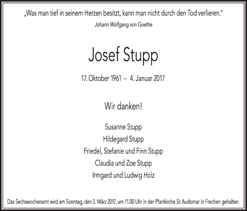  Traueranzeige für Josef Stupp vom 25.02.2017 aus  Sonntags-Post 