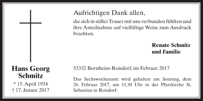  Traueranzeige für Hans Georg Schmitz vom 15.02.2017 aus  Schaufenster/Blickpunkt 