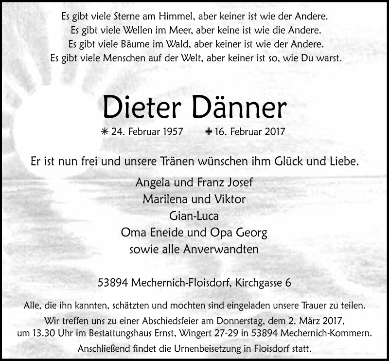  Traueranzeige für Dieter Dänner vom 25.02.2017 aus  Blickpunkt Euskirchen 