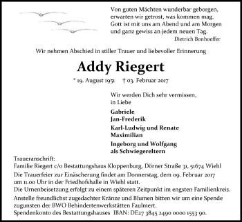 Anzeige von Addy Riegert von Kölner Stadt-Anzeiger / Kölnische Rundschau / Express