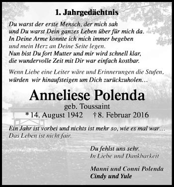 Anzeige von Anneliese Polenda von Kölner Stadt-Anzeiger / Kölnische Rundschau / Express
