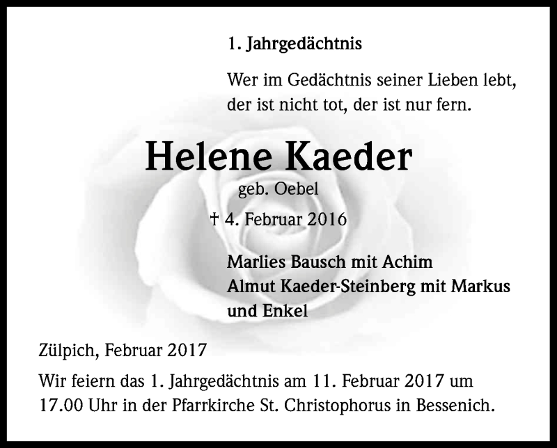  Traueranzeige für Helene Kaeder vom 04.02.2017 aus Kölner Stadt-Anzeiger / Kölnische Rundschau / Express