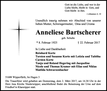 Anzeige von Anneliese Bartscherer von Kölner Stadt-Anzeiger / Kölnische Rundschau / Express