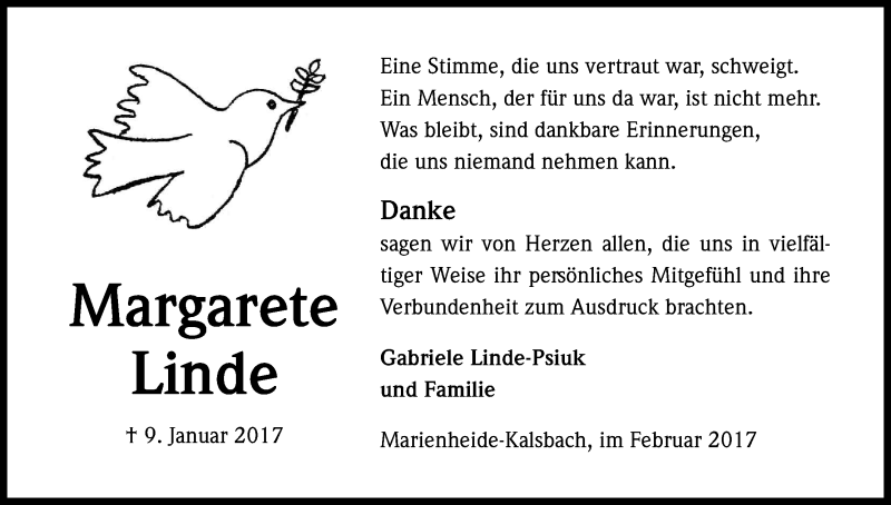  Traueranzeige für Margarete Linde vom 04.02.2017 aus Kölner Stadt-Anzeiger / Kölnische Rundschau / Express