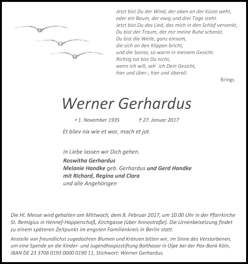  Traueranzeige für Werner Gerhardus vom 03.02.2017 aus Kölner Stadt-Anzeiger / Kölnische Rundschau / Express
