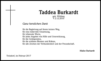 Anzeige von Taddea Burkardt von Kölner Stadt-Anzeiger / Kölnische Rundschau / Express
