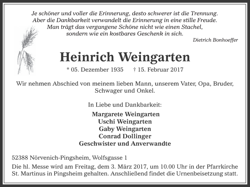  Traueranzeige für Heinrich Weingarten vom 22.02.2017 aus  Werbepost 