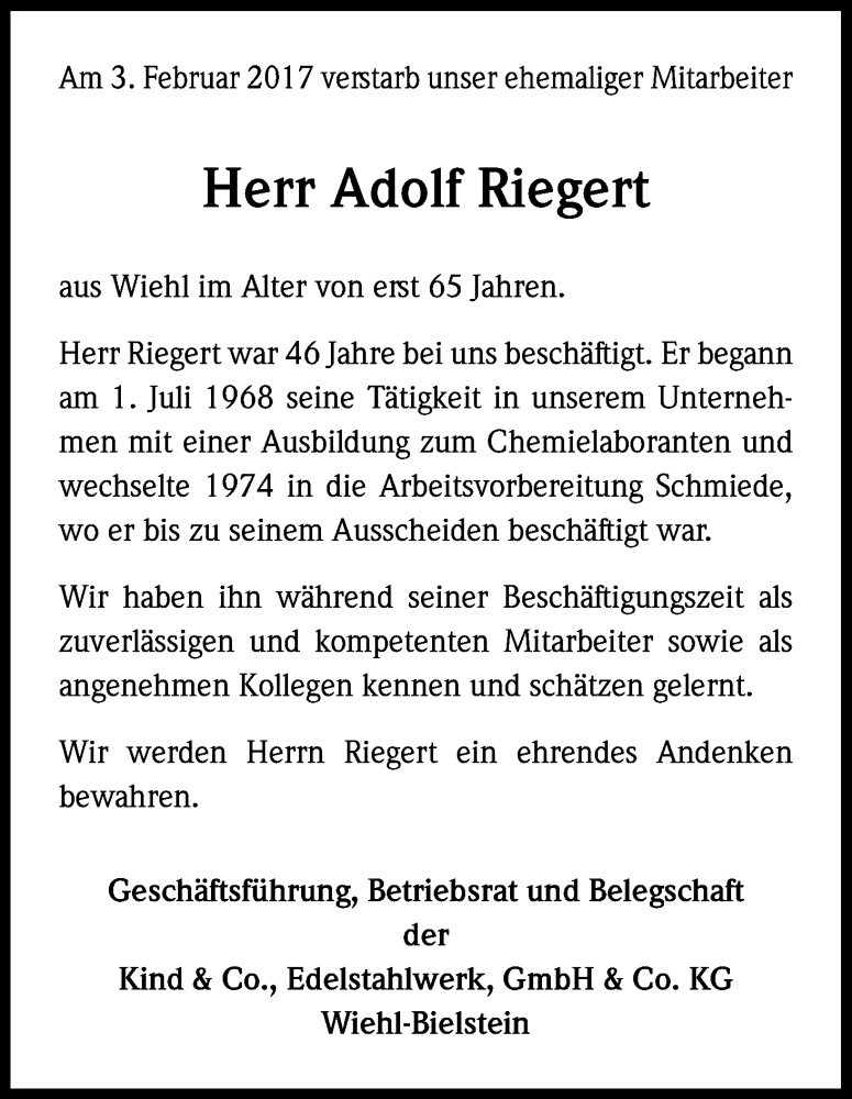  Traueranzeige für Adolf Riegert vom 08.02.2017 aus Kölner Stadt-Anzeiger / Kölnische Rundschau / Express