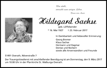Anzeige von Hildegard Sachse von Kölner Stadt-Anzeiger / Kölnische Rundschau / Express