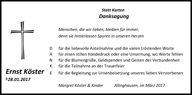  Traueranzeige für Ernst Köster vom 14.03.2017 aus Kölner Stadt-Anzeiger / Kölnische Rundschau / Express